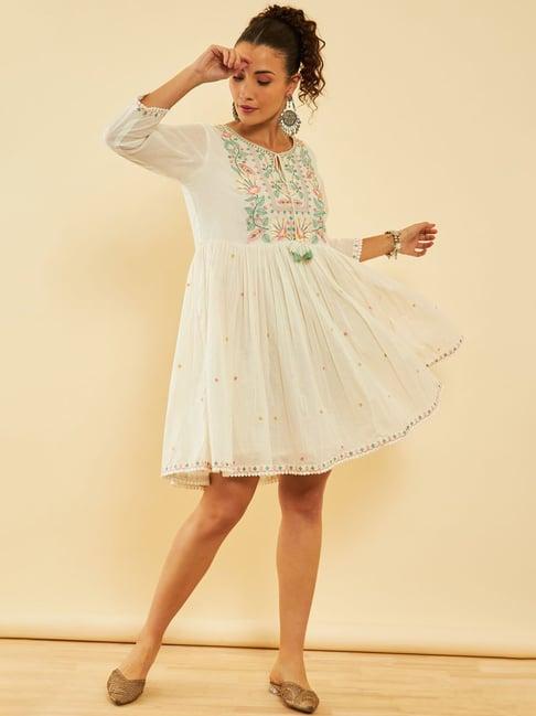 soch white & green cotton embroidered a-line ethnic dress with tie-ups