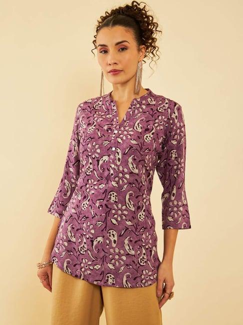 soch purple rayon paisley printed mandarin collar tunic