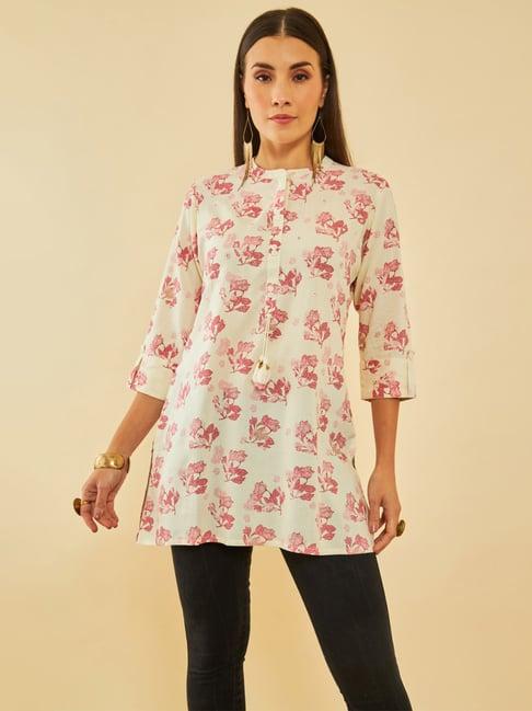 soch off white rayon floral printed tunic with faux mirror