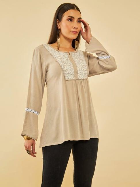 soch beige crepe yoke design embroidery tunic with lace