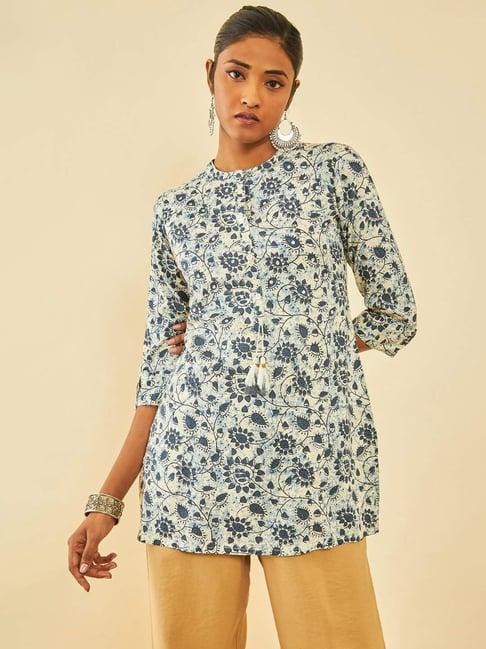 soch off white rayon floral printed tunic with tassels