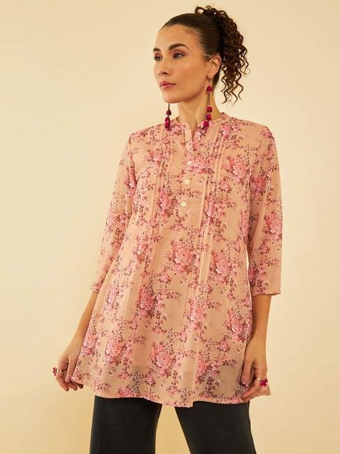 soch beige georgette floral printed mandarin collar a-line tunic