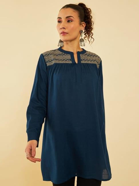 soch blue rayon slub yoke embroidery a-line tunic with gathers