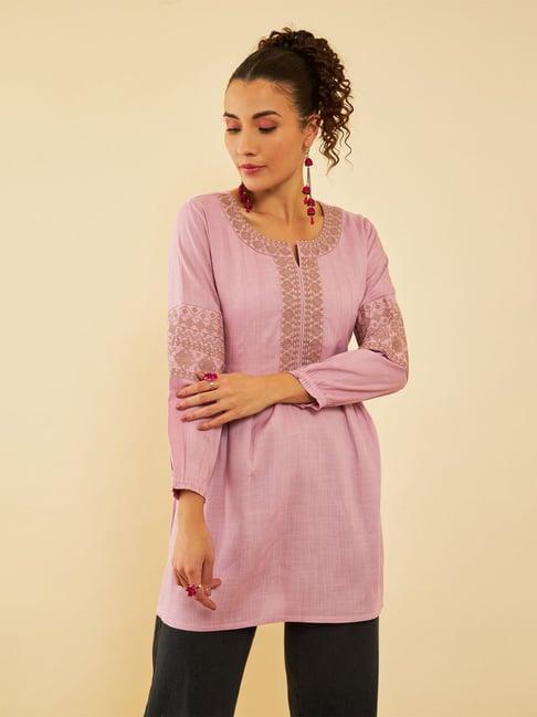 soch purple rayon slub yoke embroidery a-line tunic with darts