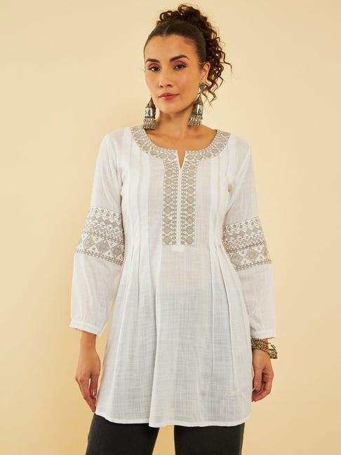 soch white rayon slub yoke embroidery a-line tunic with darts