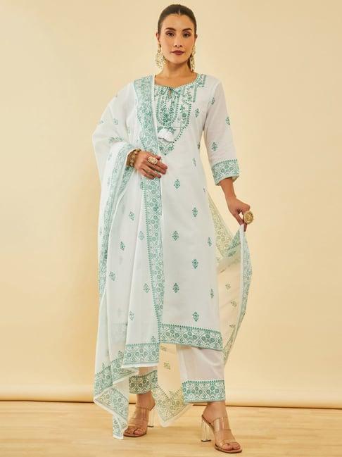 soch white & green cotton floral printed suit set with cutdana details