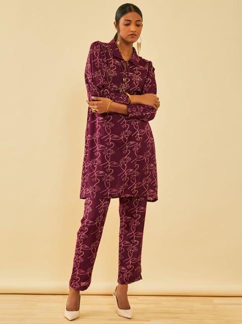 soch wine muslin floral printed co-ord set with sequins