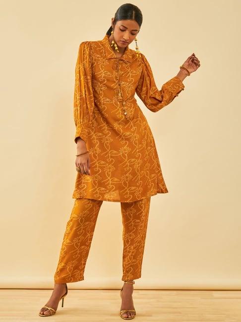 soch mustard muslin floral printed co-ord set with sequins