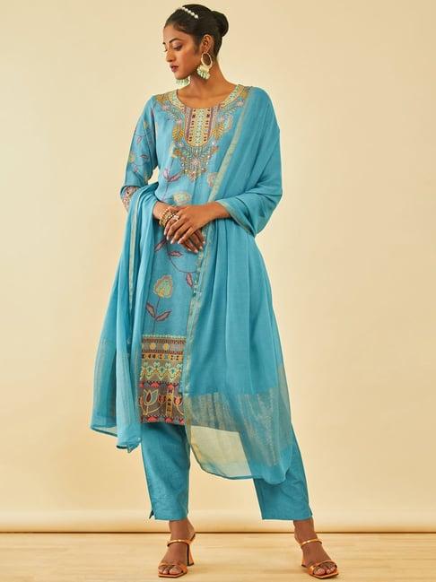 soch powder blue muslin floral printed suit set with beads & thread work