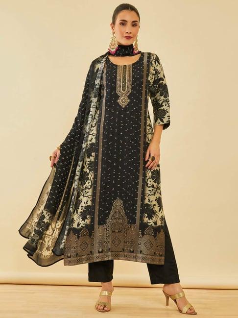 soch black brocade brocade floral printed suit set with zardosi work