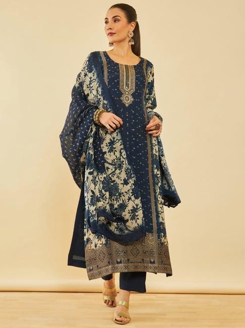 soch navy blue brocade floral printed suit set with zardosi work