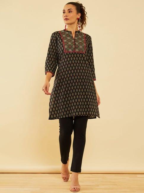 soch black cotton floral printed short kurta with sequins