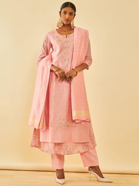 soch peach chanderi floral embroidered suit set with zari