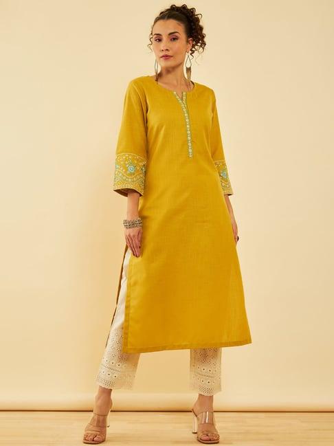 soch mustard silk blend embroidered kurta set with thread work