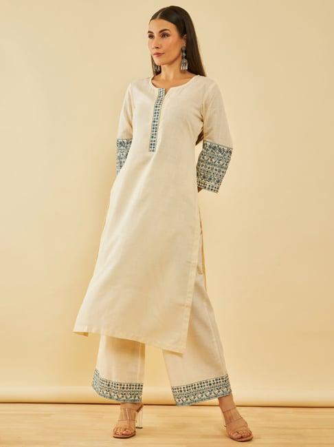 soch cream silk blend floral embroidered kurta set with zari