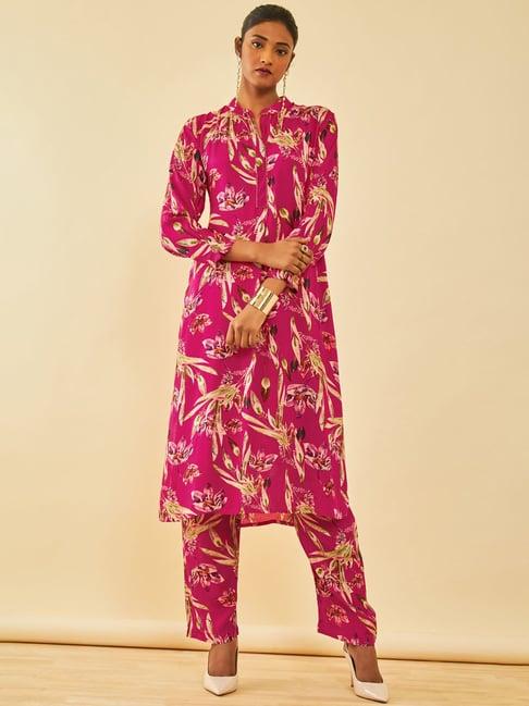 soch pink muslin floral printed co-ord set with cutdana work