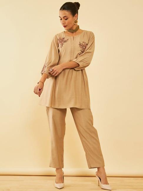 soch beige muslin embroidered co-ord set with thread work