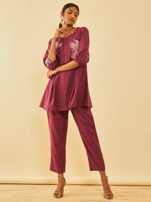 soch onion pink muslin embroidered co-ord set with thread work