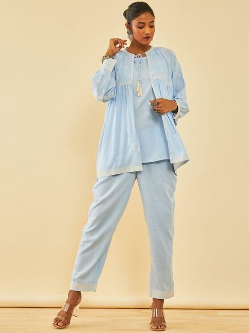 soch powder blue rayon slub embroidered co-ord set with thread work