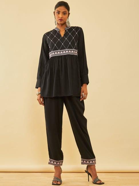 soch black rayon slub embroidered co-ord set with mirror work