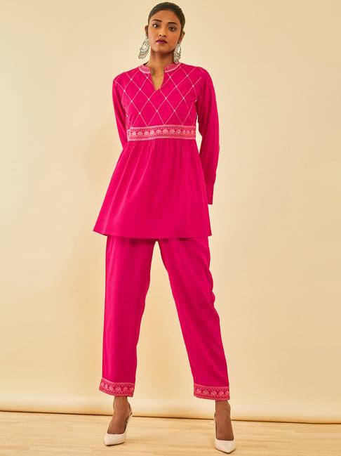 soch fuchsia rayon slub embroidered co-ord set with faux mirror work