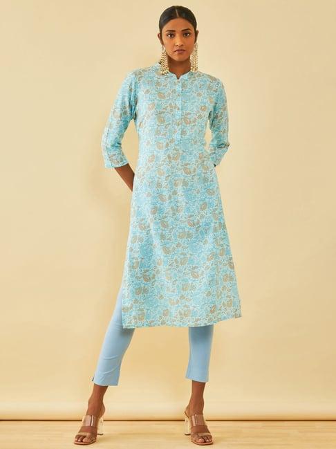 soch blue muslin botanical printed straight kurta