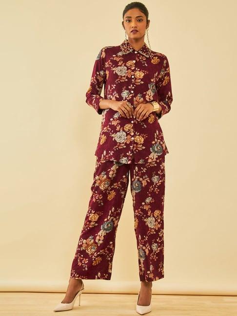 soch maroon rayon floral printed co-ord set with cutdana work