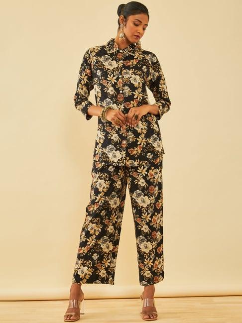 soch black rayon floral printed co-ord set with cutdana work