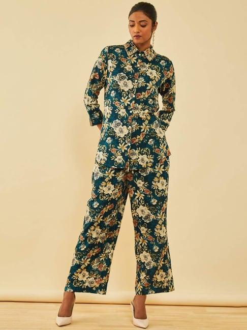 soch teal rayon floral printed co-ord set with cutdana work