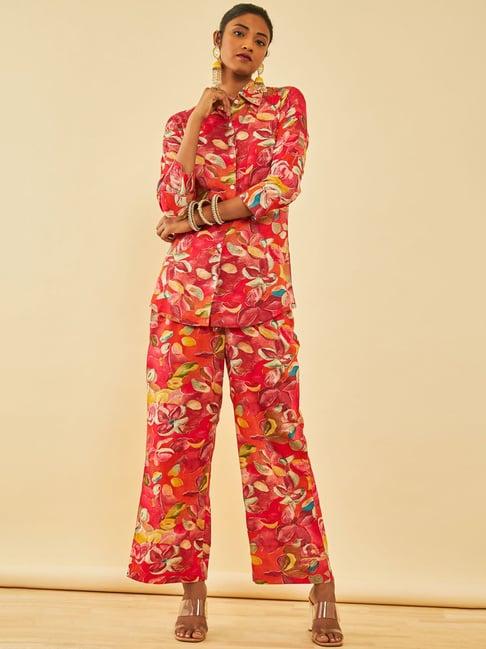 soch red rayon floral printed co-ord set with cutdana work