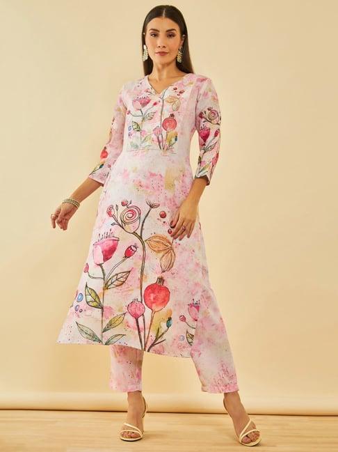 soch pink poly linen floral printed co-ord set with mirror work