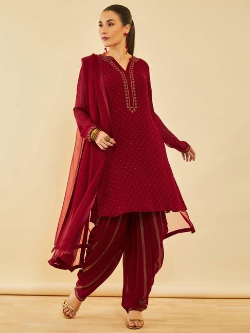 soch red georgette stones embellished suit set