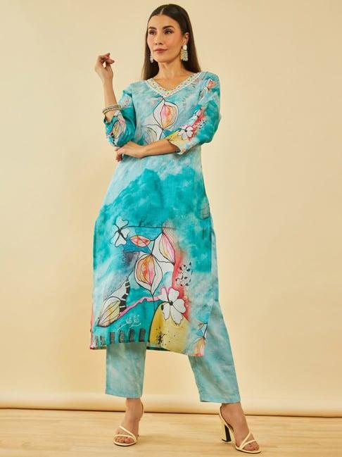 soch green poly linen floral printed co-ord set with mirror work