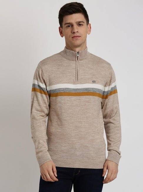 peter england beige regular fit colour block sweater