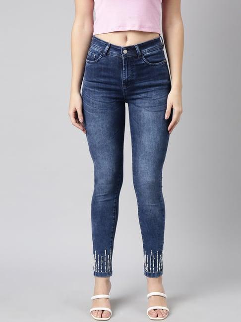 showoff blue embellished mid rise jeans