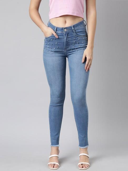 showoff blue embellished mid rise jeans