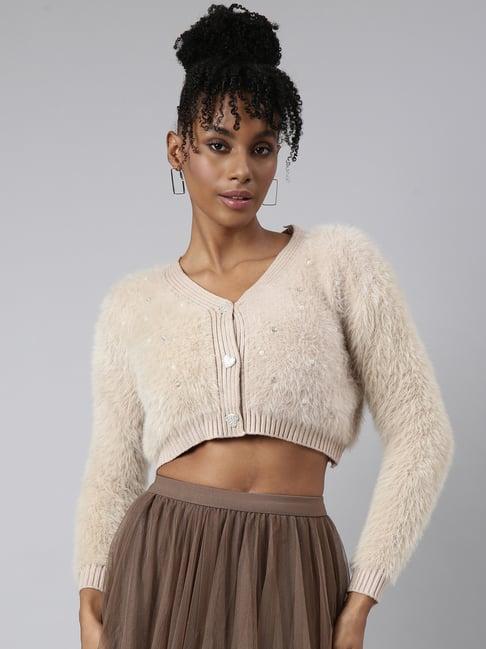 showoff beige embellished cardigan