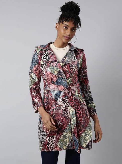 showoff maroon printed trench coat