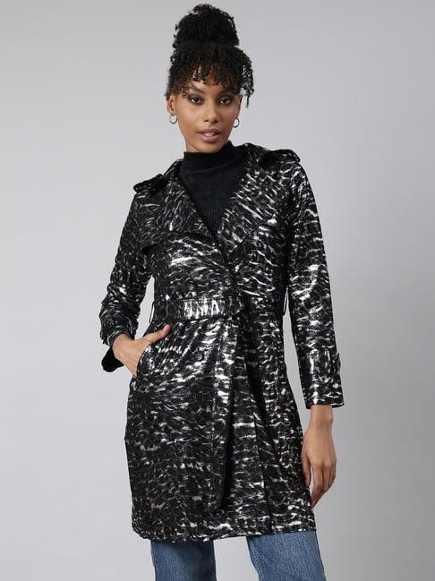 showoff black printed trench coat