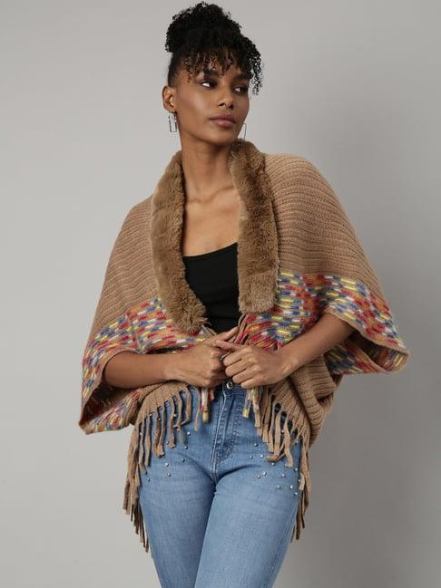 showoff beige self design poncho