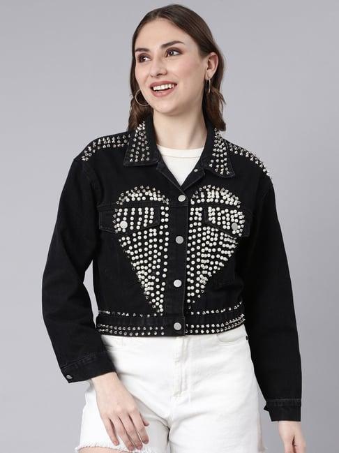 showoff black embellished denim jacket