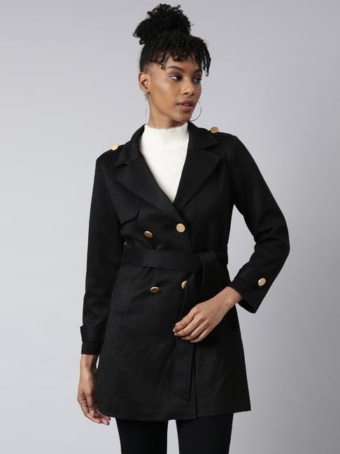 showoff black regular fit trench coat