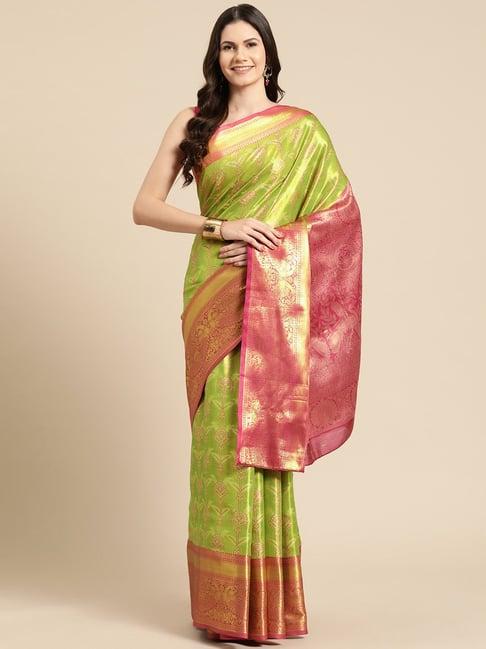 silk land parrot green woven saree with unstitched blouse