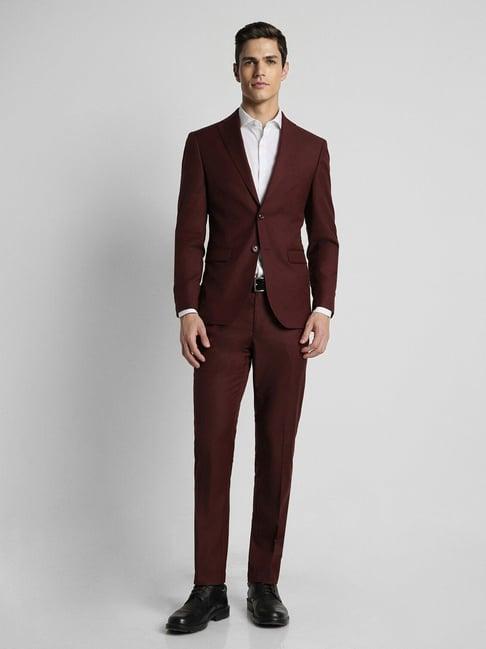 peter england maroon slim fit two piece suit