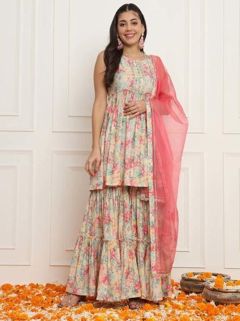 meeranshi off white floral print kurta with sharara & dupatta