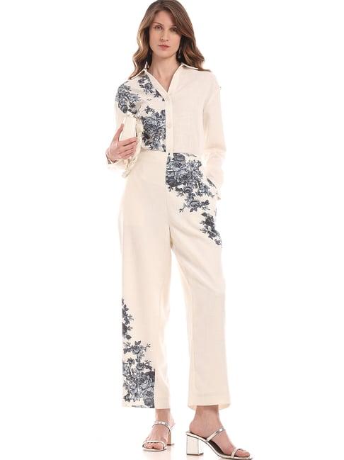 vero moda white & navy floral print high rise pants