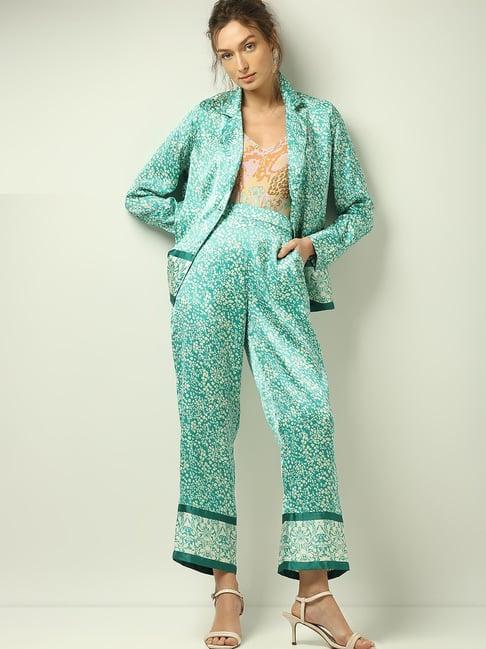 vero moda teal & white printed high rise pants