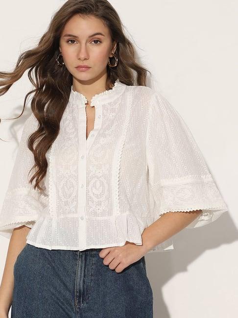 vero moda white cotton embroidered crop shirt