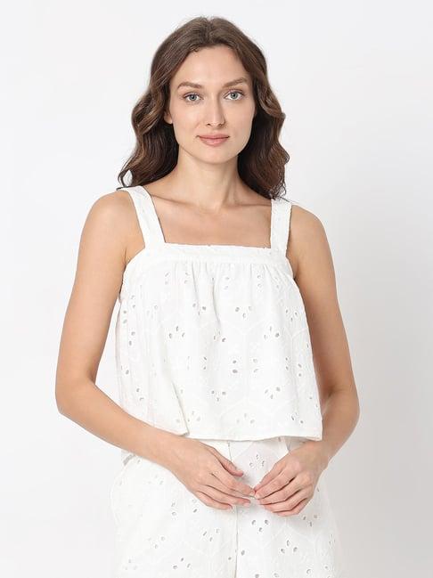 vero moda white cotton self design crop top