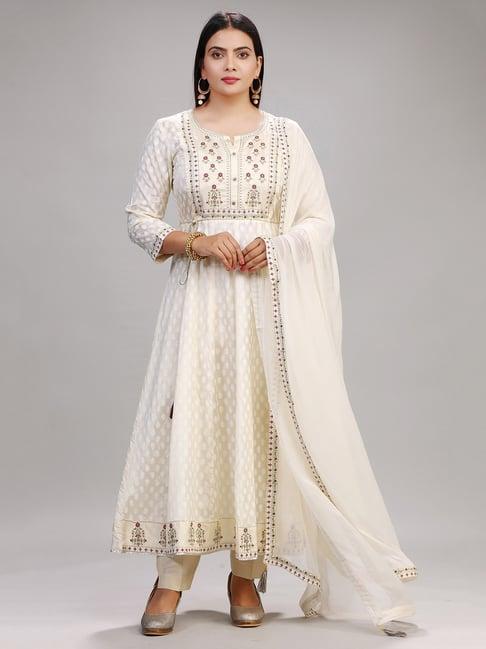 cotton culture cream embroidered kurta with pant & dupatta